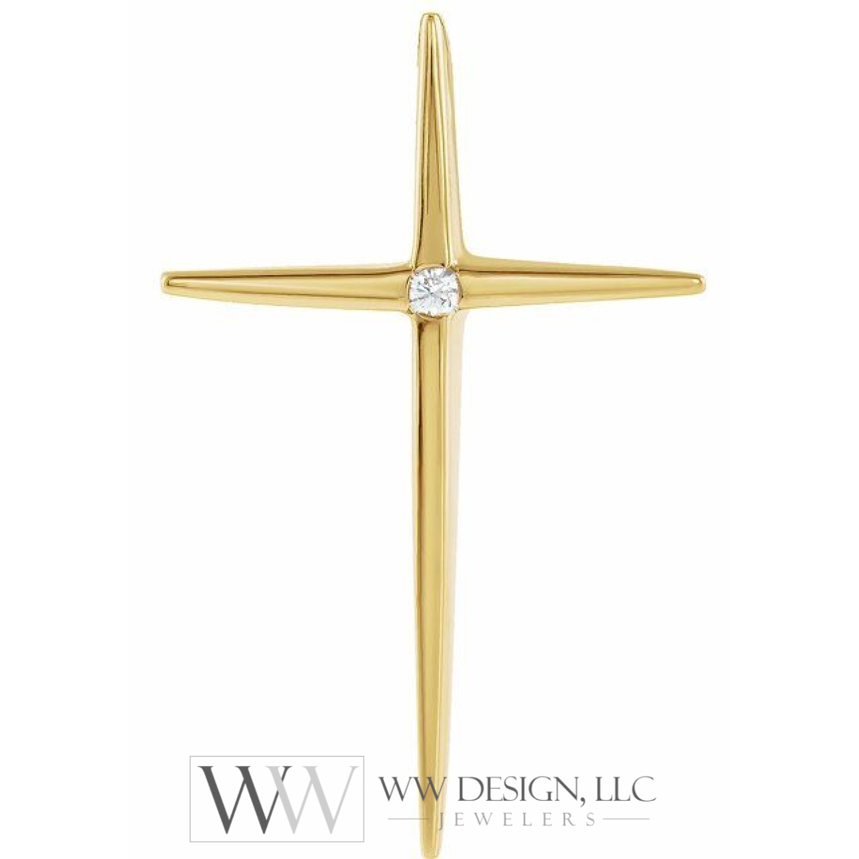 0.03 Ct Long Skinny Cross Pendant Necklace with Natural Diamond Center 28x18mm - 14K Solid Yellow Gold