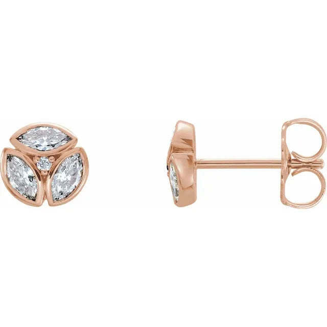 1/2 CTW Flower Bud Marquise Bloom Natural Diamond Cluster Earrings - 14k Gold (Y, W or R), Sterling Silver or Platinum