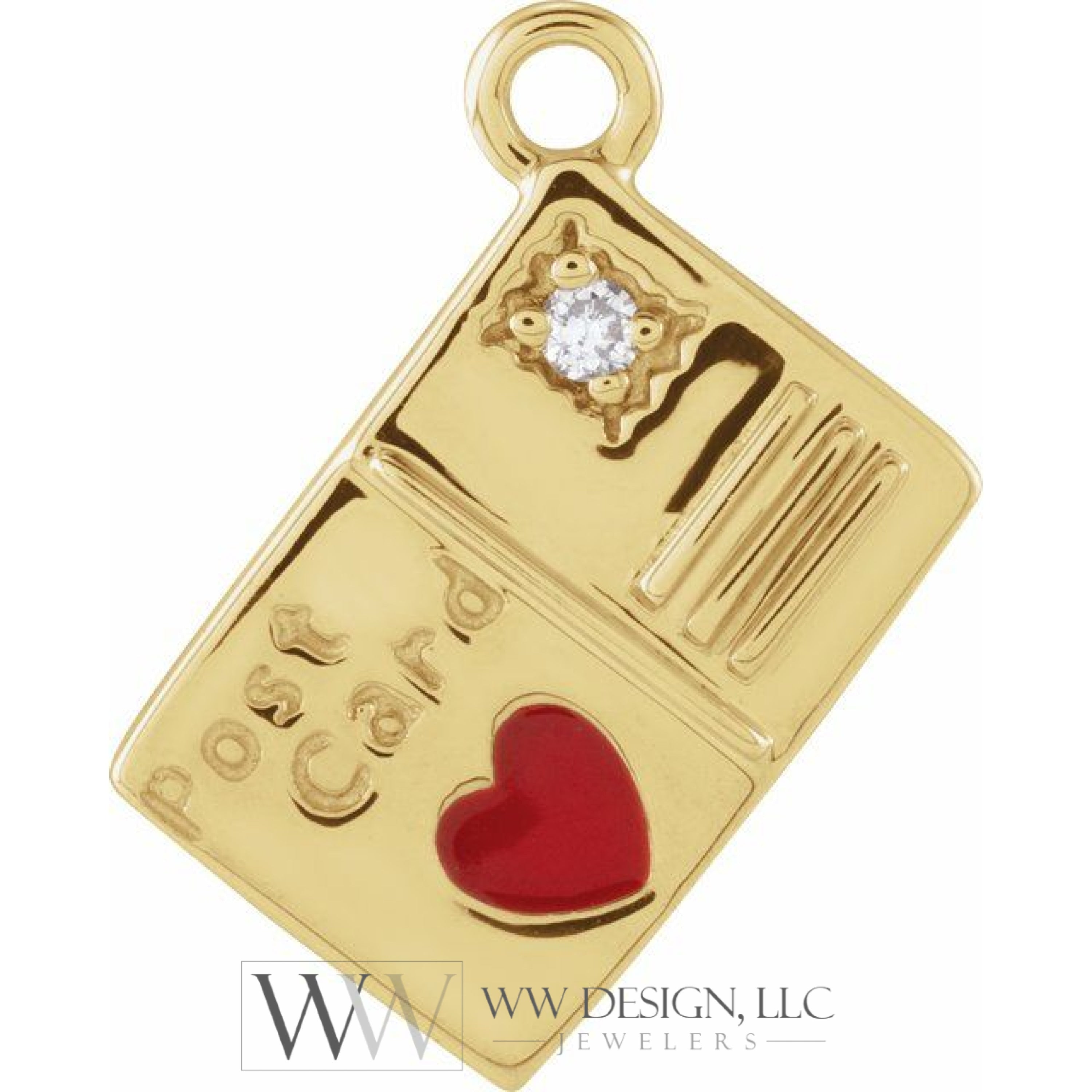 .008 CT Natural Diamond Red Heart Enamel Postcard Dangle - 14k Gold (Y, W, R)