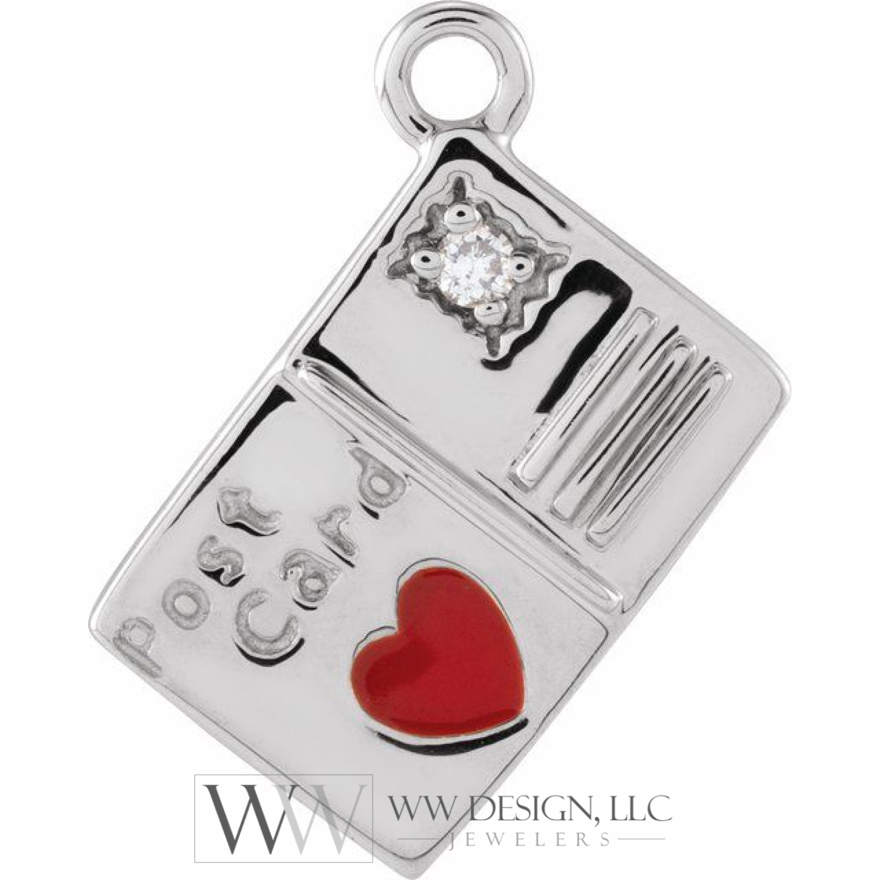 .008 CT Natural Diamond Red Heart Enamel Postcard Dangle - 14k Gold (Y, W, R)