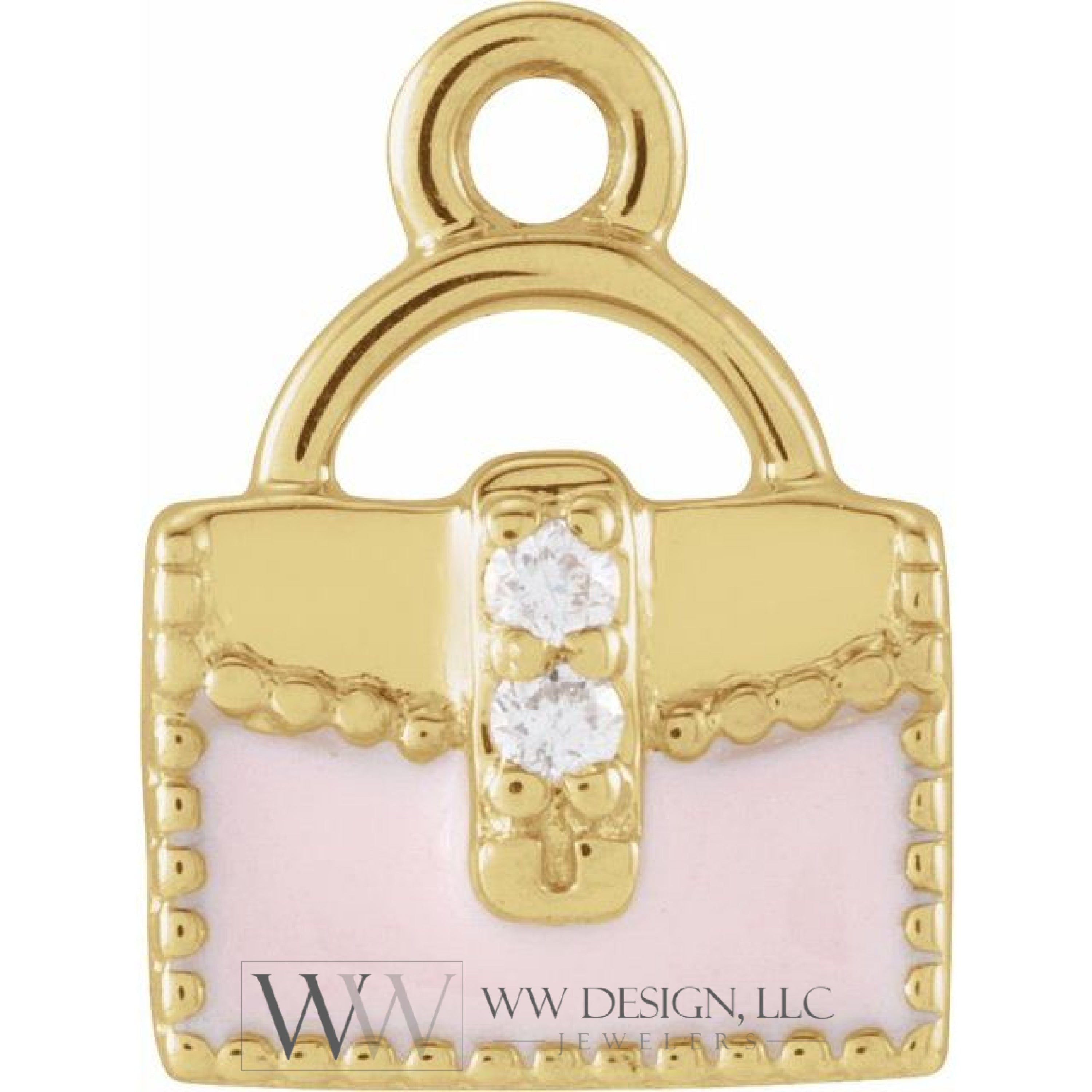 .01 CTW Natural Diamond Pink Enamel Purse Dangle Charm - 14k Gold (Y, W, R)