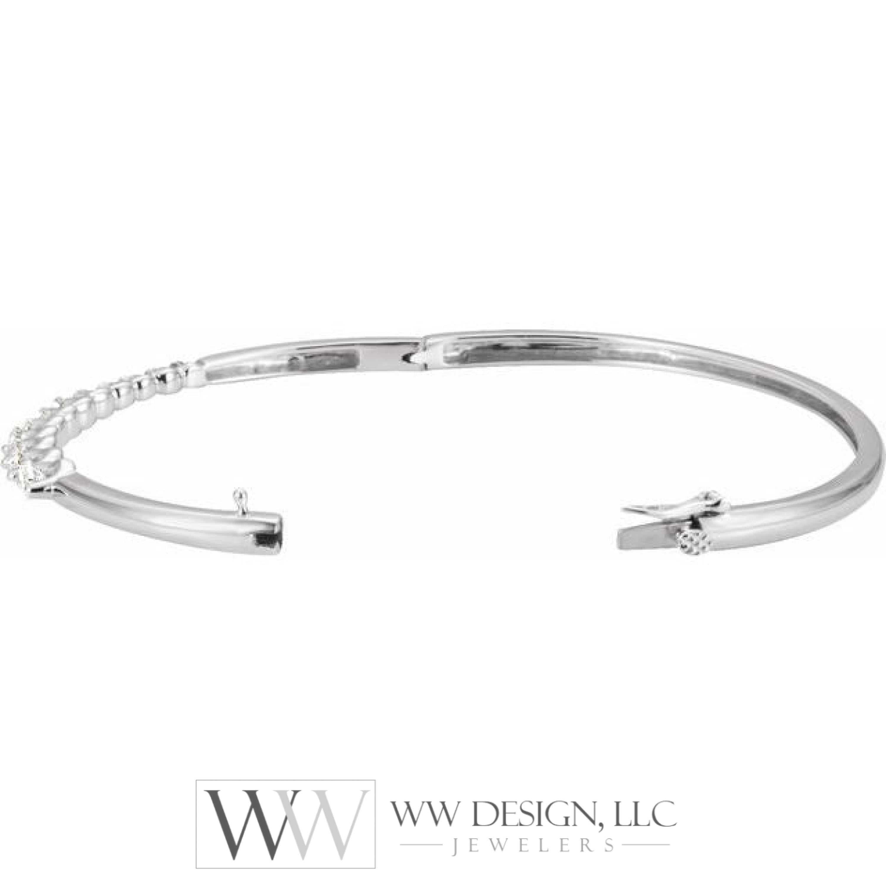 1 Ctw Natural Diamond Journey Hinged Bangle 6 1/2 Bracelet - 14K White Gold Bracelet