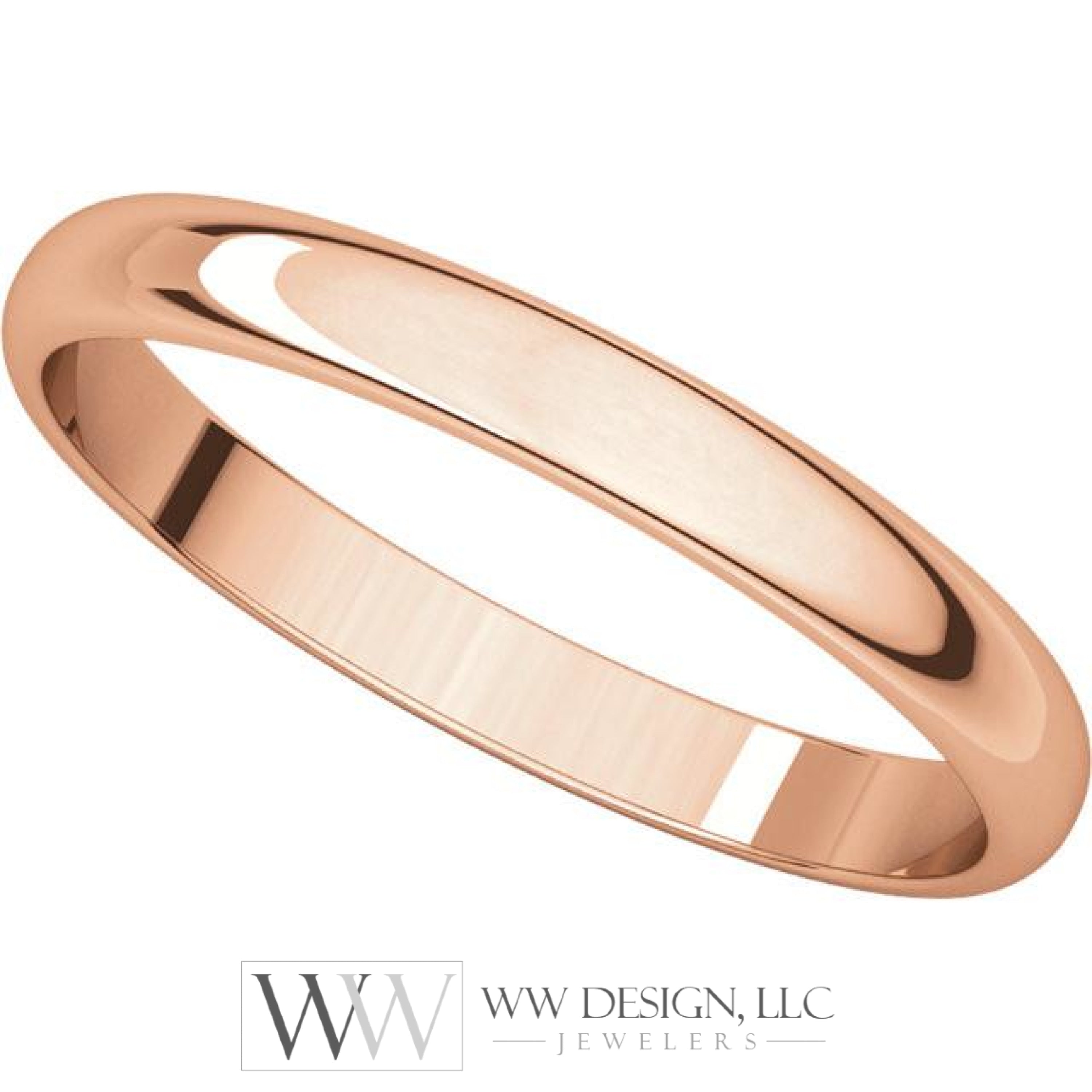2.5mm Half Round Light Wedding Band Stackable Ring - 14k Gold (Y, W, or R), Palladium, Platinum, Sterling Silver