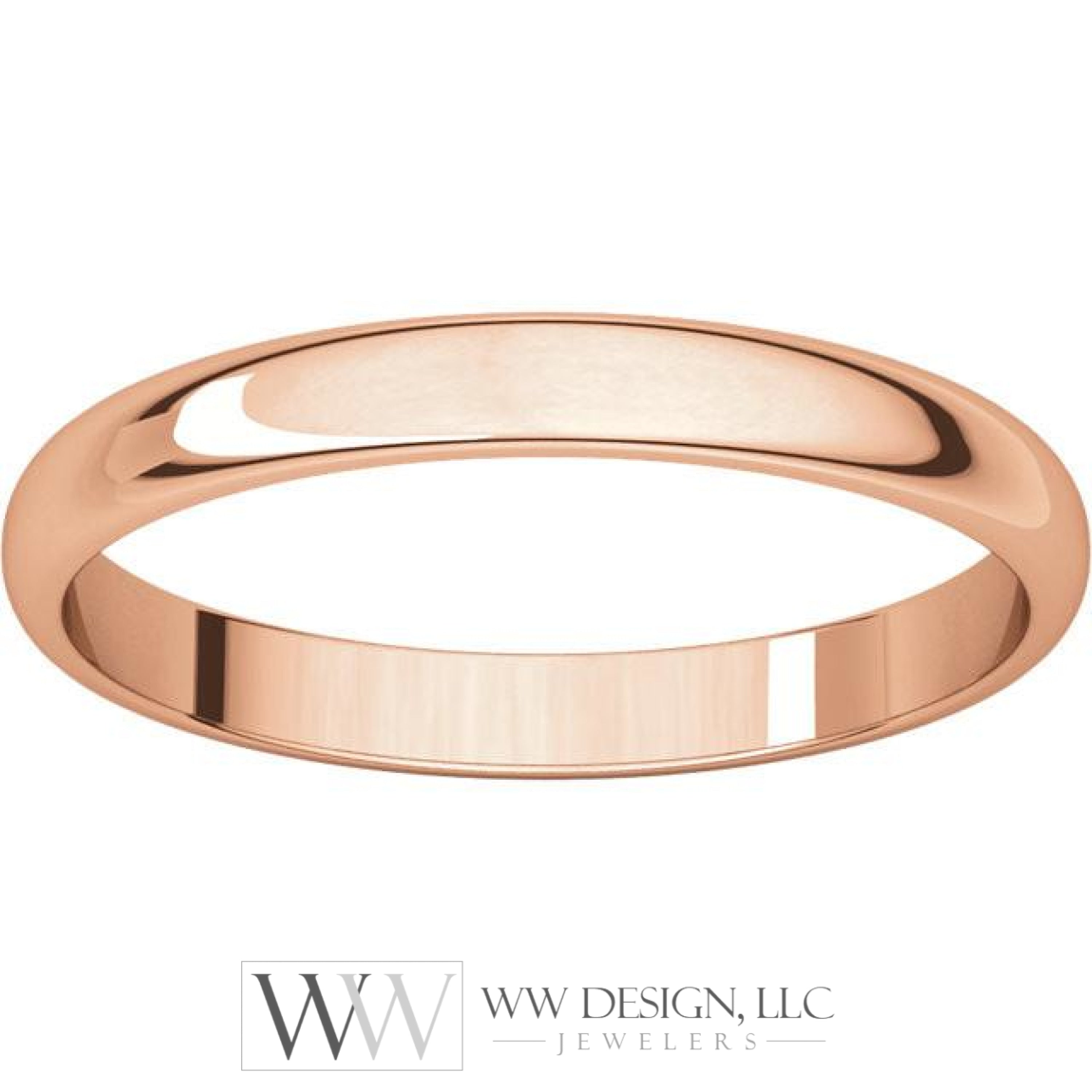 2.5mm Half Round Light Wedding Band Stackable Ring - 14k Gold (Y, W, or R), Palladium, Platinum, Sterling Silver