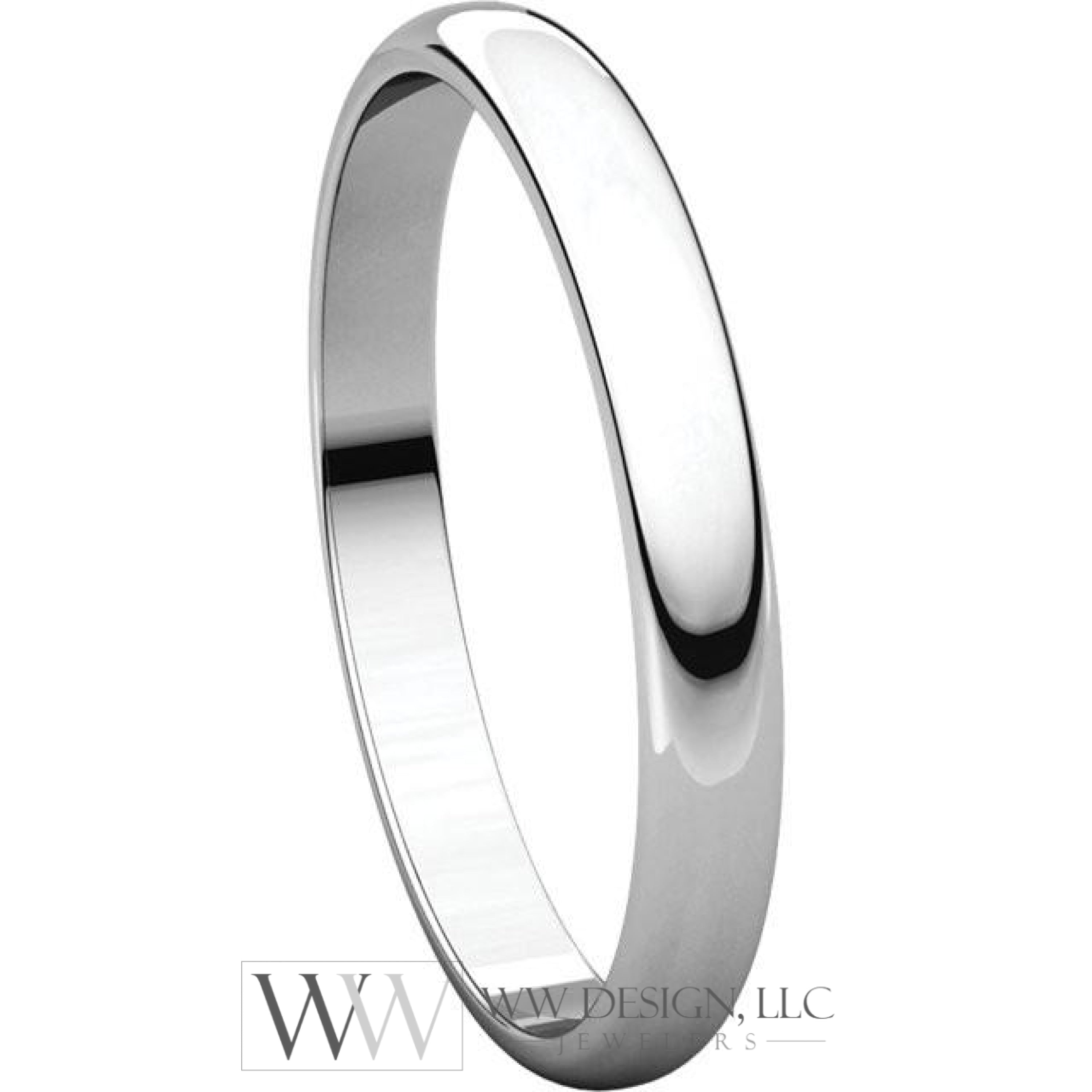 2.5mm Half Round Light Wedding Band Stackable Ring - 14k Gold (Y, W, or R), Palladium, Platinum, Sterling Silver