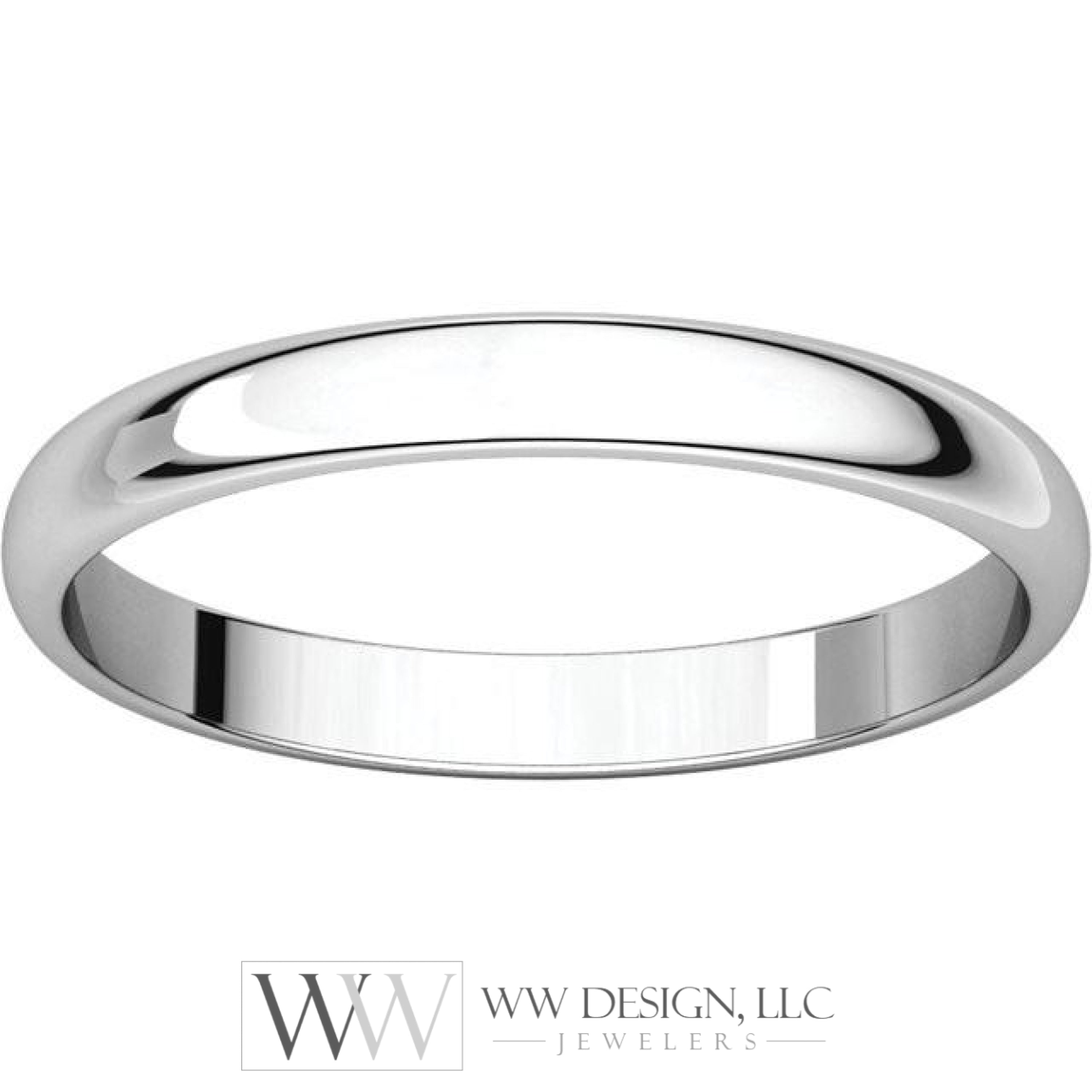 2.5mm Half Round Light Wedding Band Stackable Ring - 14k Gold (Y, W, or R), Palladium, Platinum, Sterling Silver