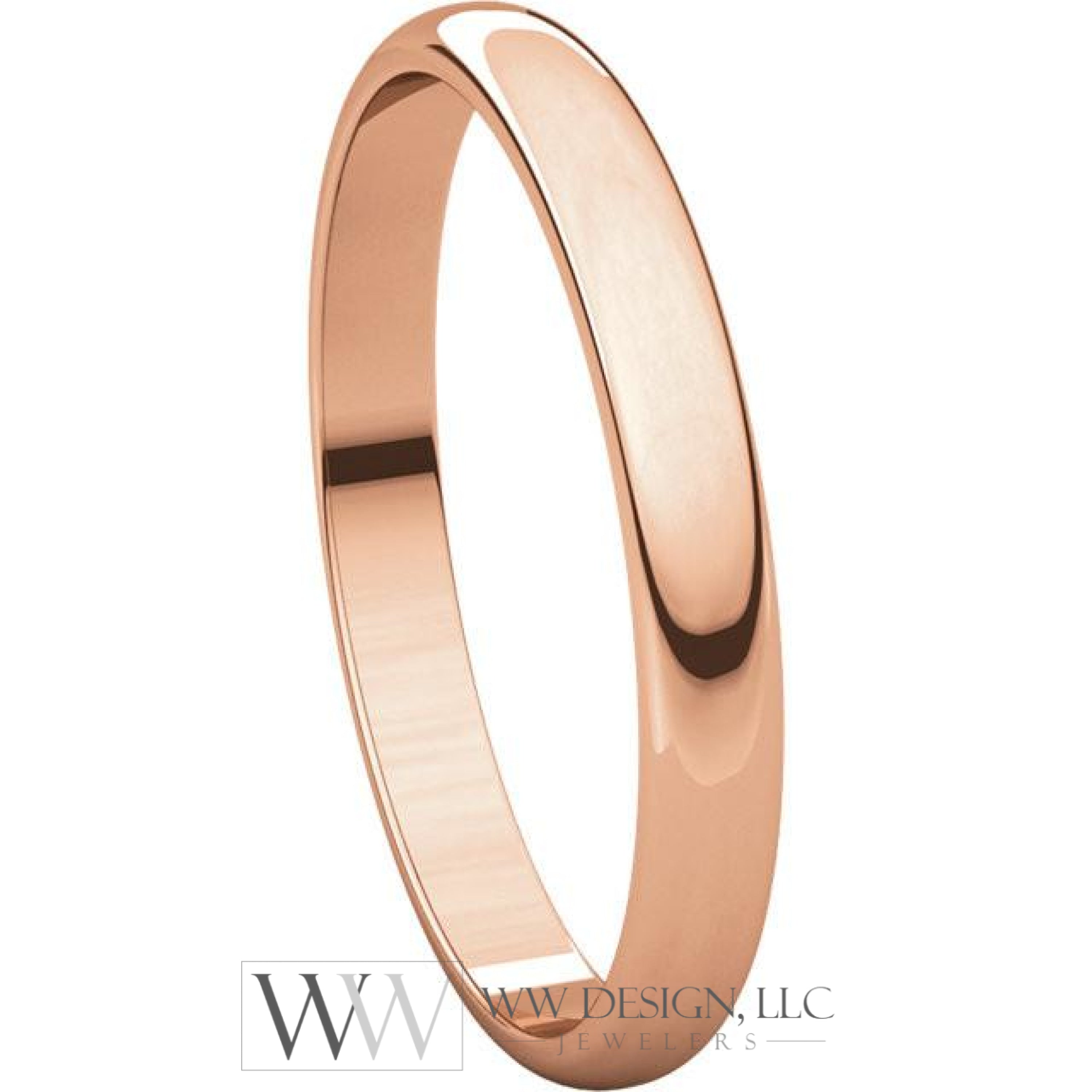 2.5mm Half Round Light Wedding Band Stackable Ring - 14k Gold (Y, W, or R), Palladium, Platinum, Sterling Silver