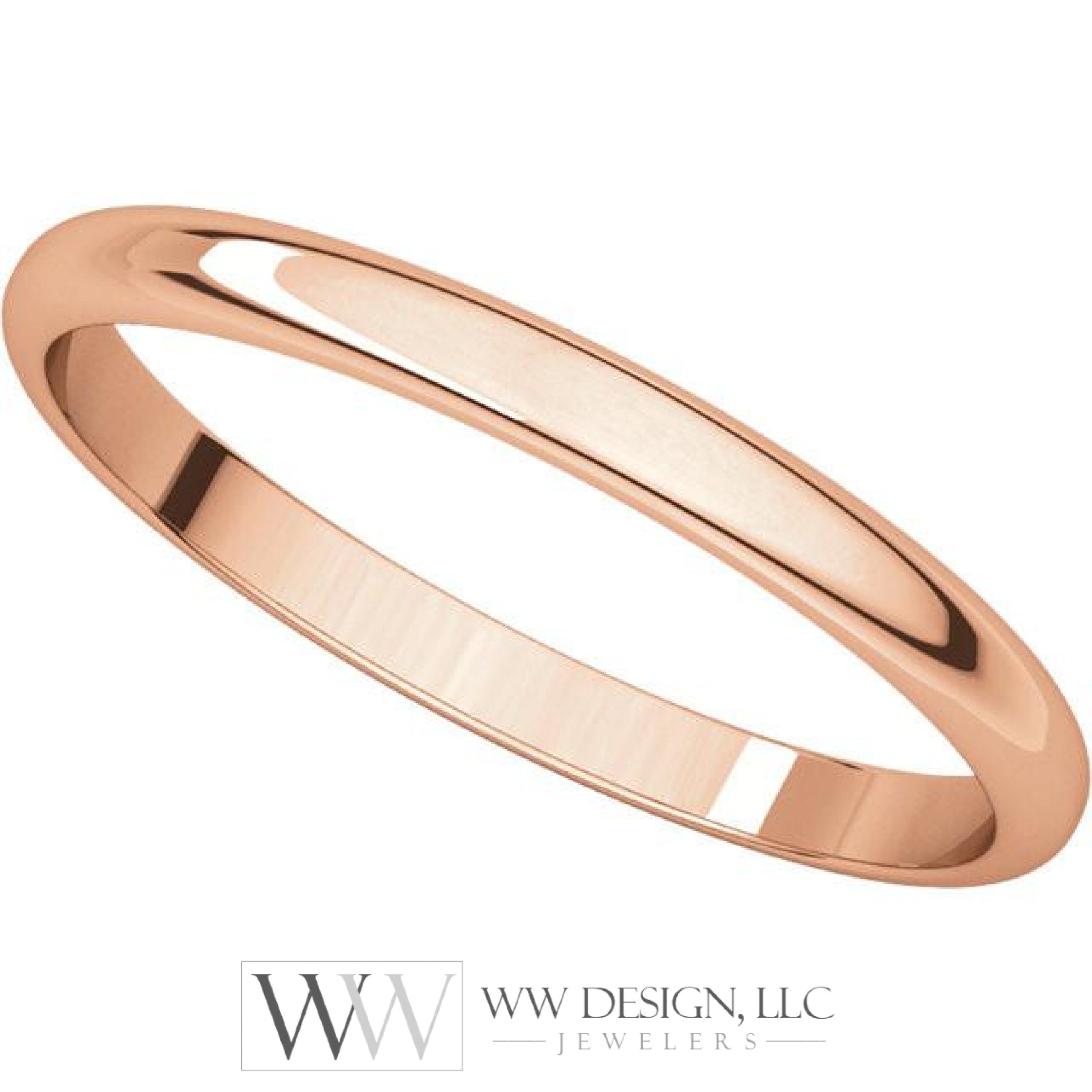 2mm Half Round Light Wedding Band Stackable Ring - 14k Gold (Y, W, or R), Palladium, Platinum, Sterling Silver