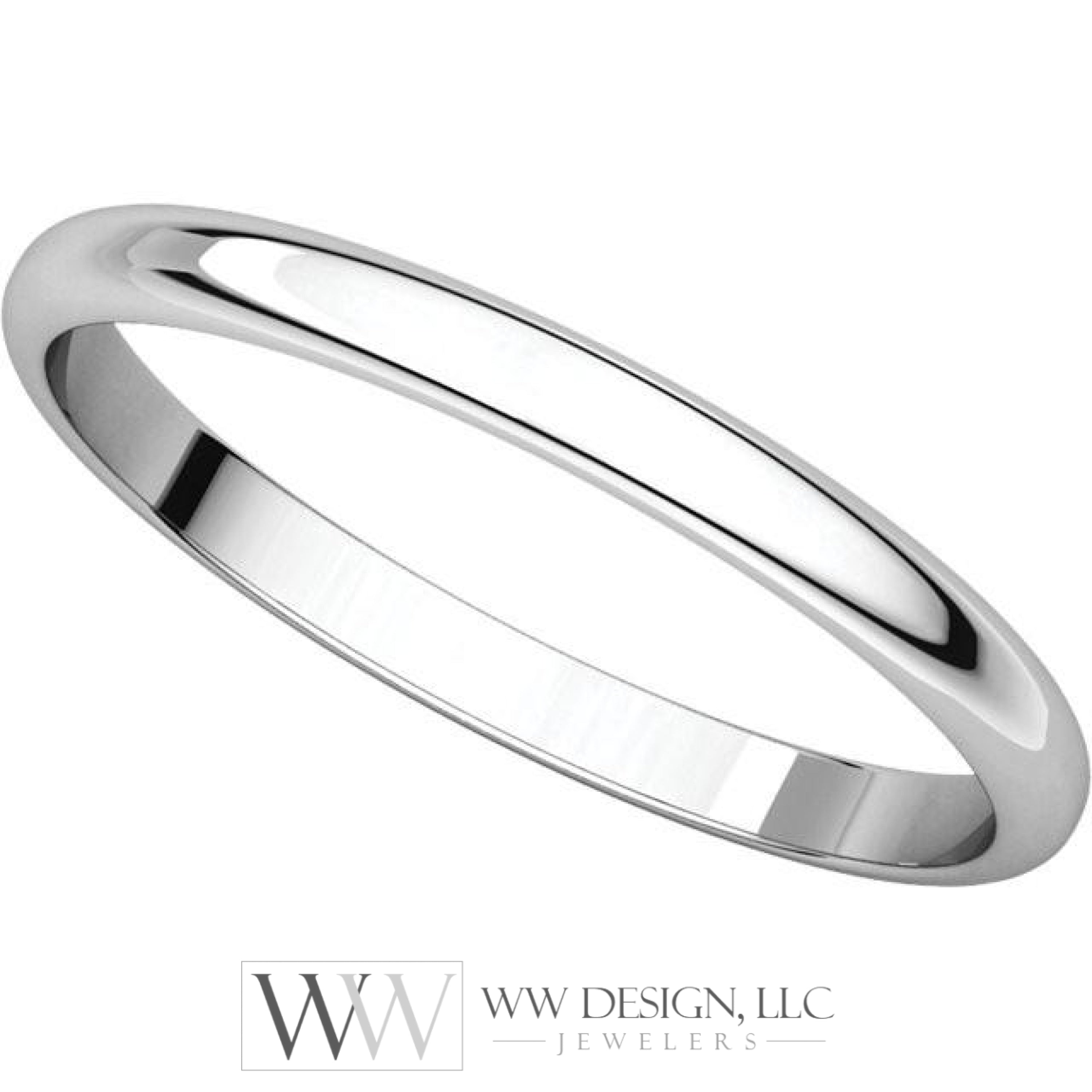 2mm Half Round Light Wedding Band Stackable Ring - 14k Gold (Y, W, or R), Palladium, Platinum, Sterling Silver