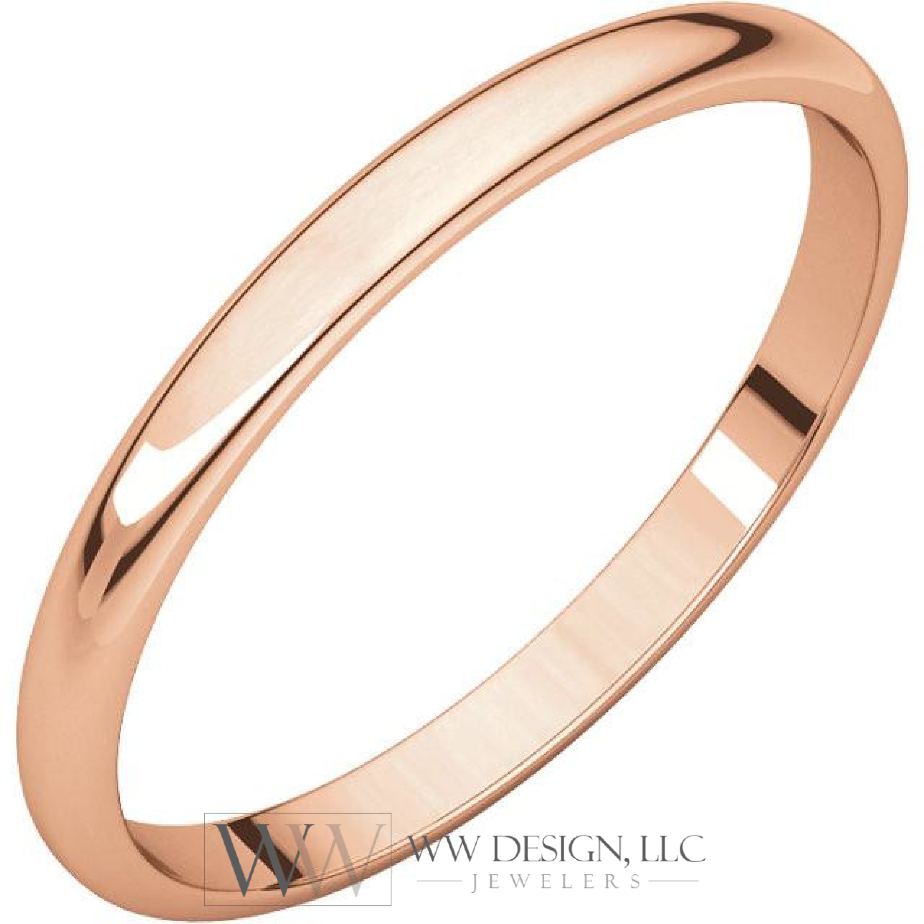 2mm Half Round Light Wedding Band Stackable Ring - 14k Gold (Y, W, or R), Palladium, Platinum, Sterling Silver