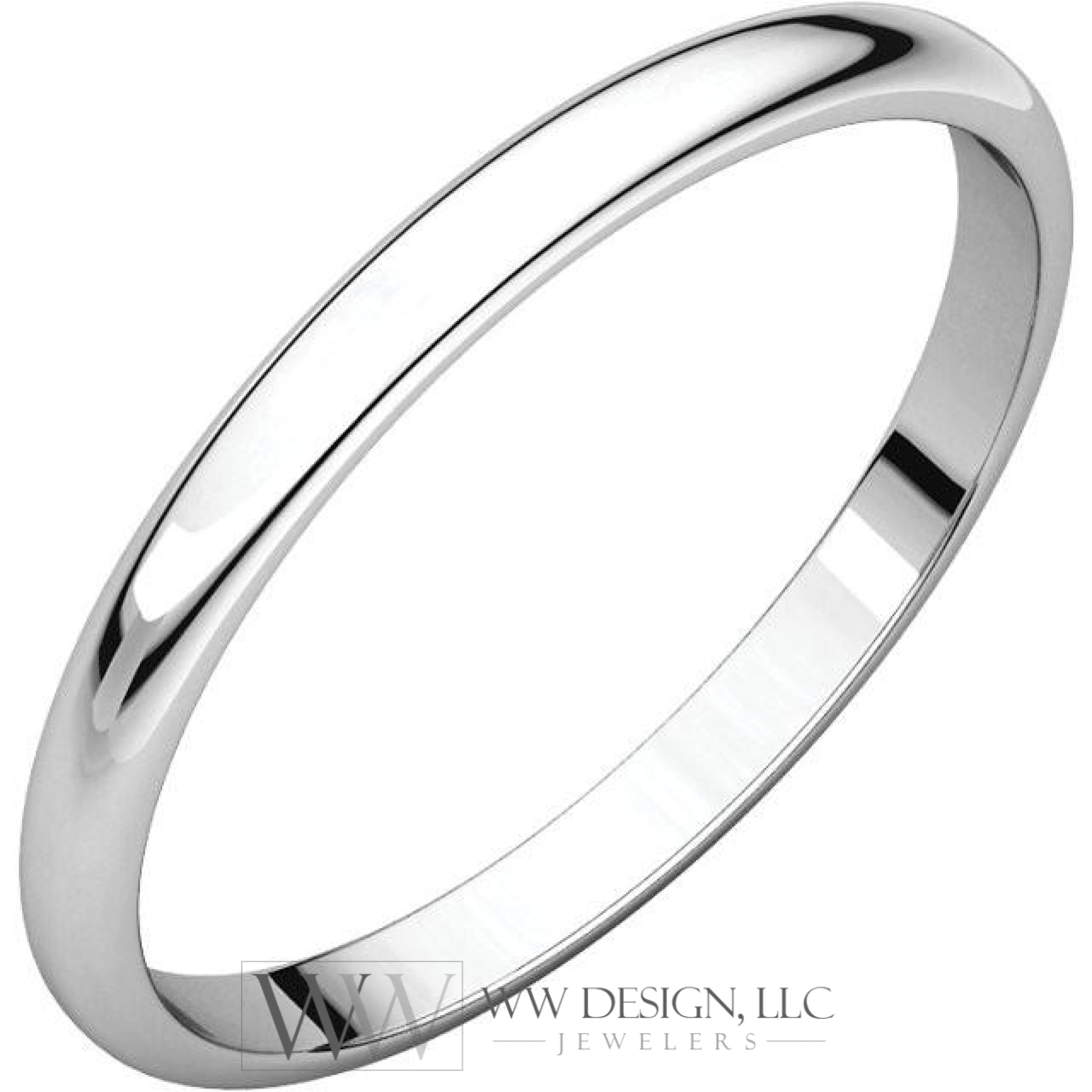 2mm Half Round Light Wedding Band Stackable Ring - 14k Gold (Y, W, or R), Palladium, Platinum, Sterling Silver