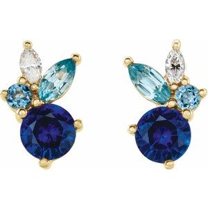 14K White Natural Blue Sapphire, Natural Aquamarine, Natural Blue Zircon & .07 CTW Natural Diamond Earrings