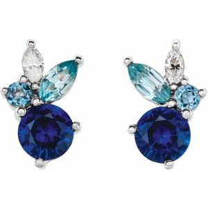 14K White Natural Blue Sapphire, Natural Aquamarine, Natural Blue Zircon & .07 CTW Natural Diamond Earrings