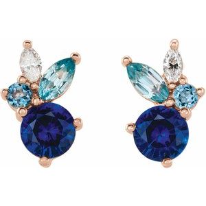 14K White Natural Blue Sapphire, Natural Aquamarine, Natural Blue Zircon & .07 CTW Natural Diamond Earrings