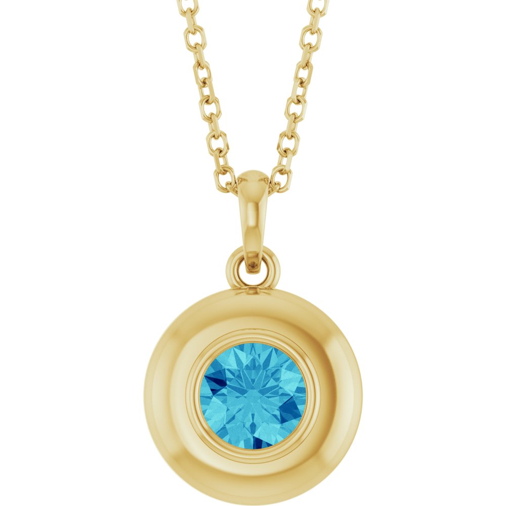 Natural Round Blue Zircon Bubble Button Solitaire 16-18" Necklace or Pendant - 14k Gold (Yellow, Rose or White), Platinum or Sterling Silver