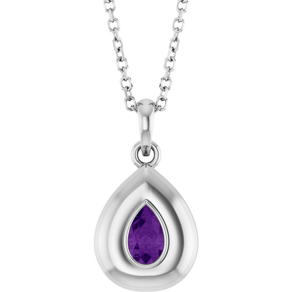 Natural Pear Amethyst Bubble Button Solitaire 16-18" Necklace or Pendant - 14k Gold (Yellow, Rose or White), Platinum or Sterling Silver