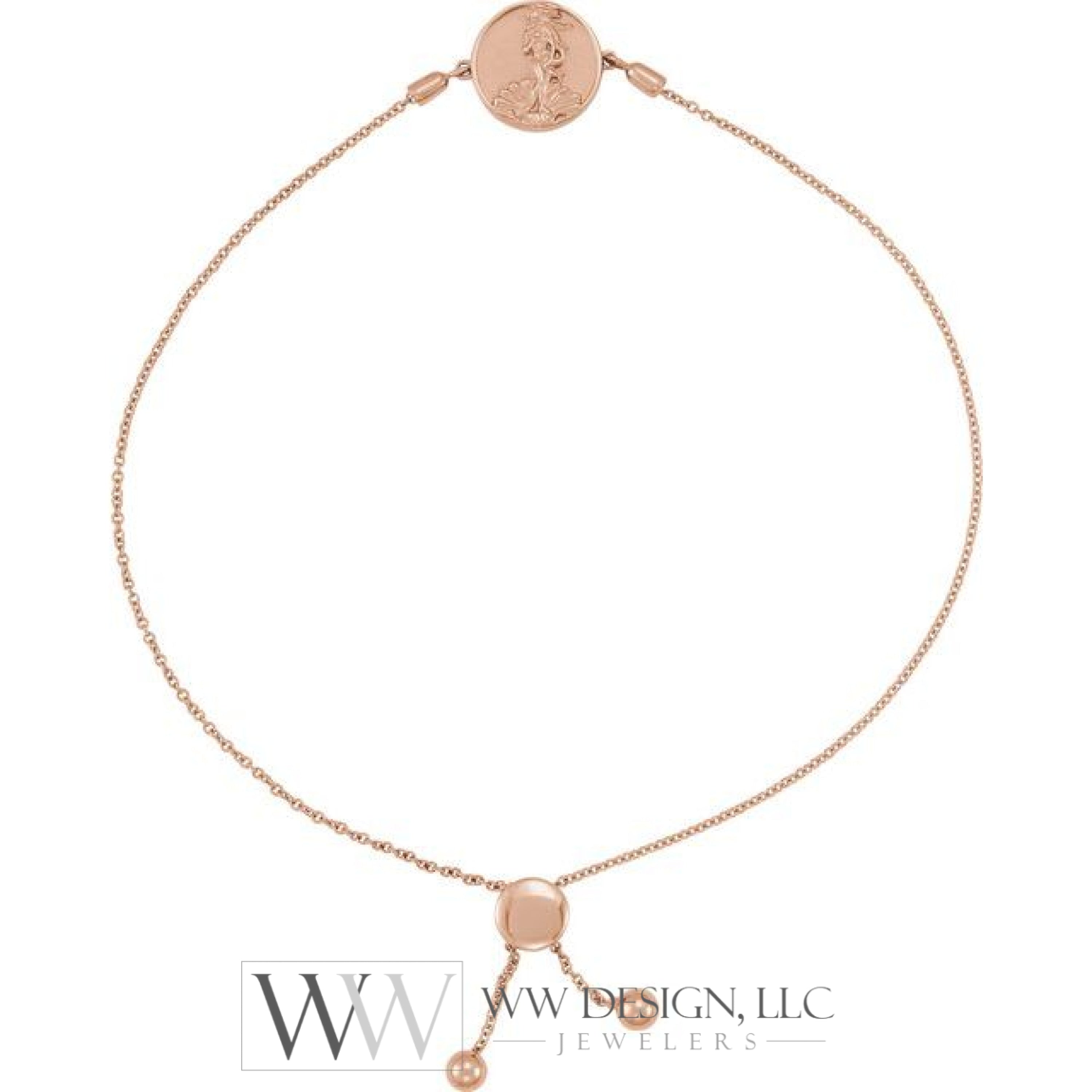 Aphrodite Coin Cable Bolo Adjustable 9.5 Bracelet - 14K (Y W Or R) Gold Sterling Silver Rose