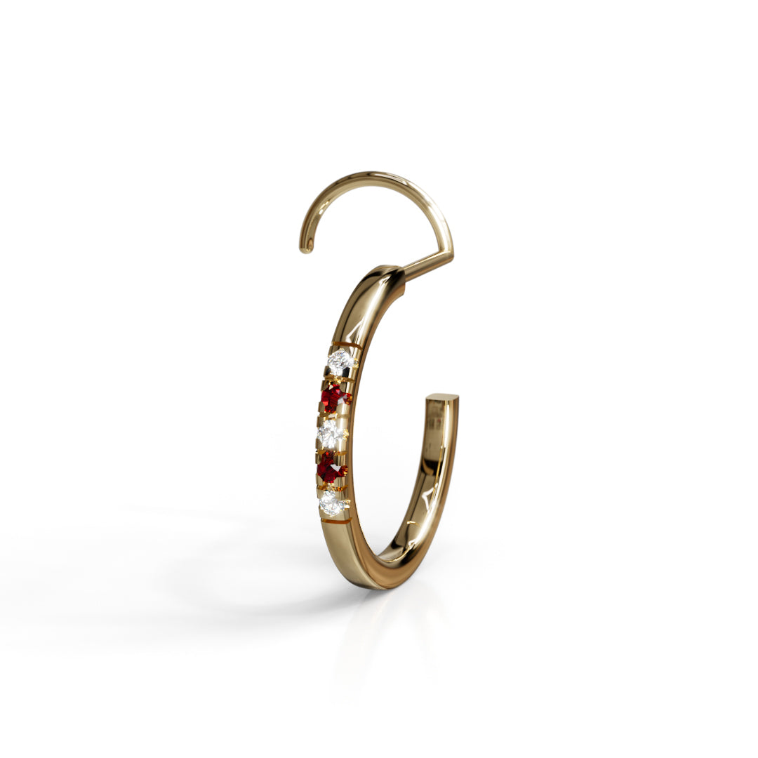 Gold Nose Ring with Diamonds and Rhodolite Garnets