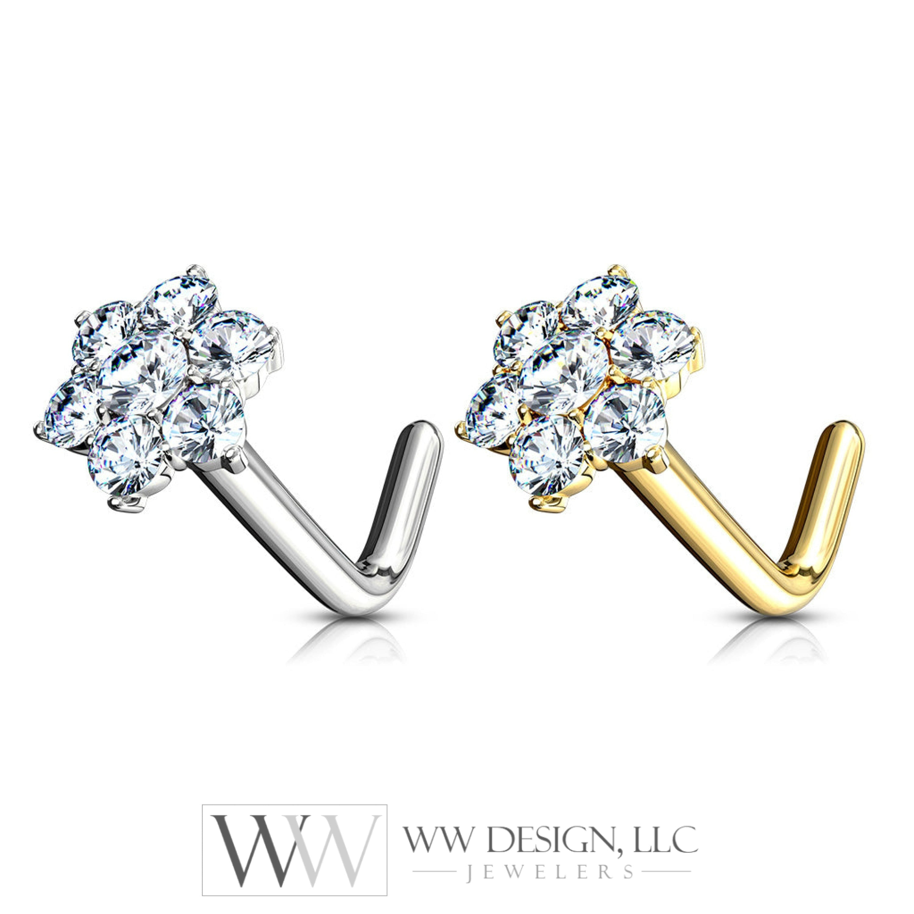 CZ Flower Cluster Nose Stud Ring - 14k Gold (Y or W)