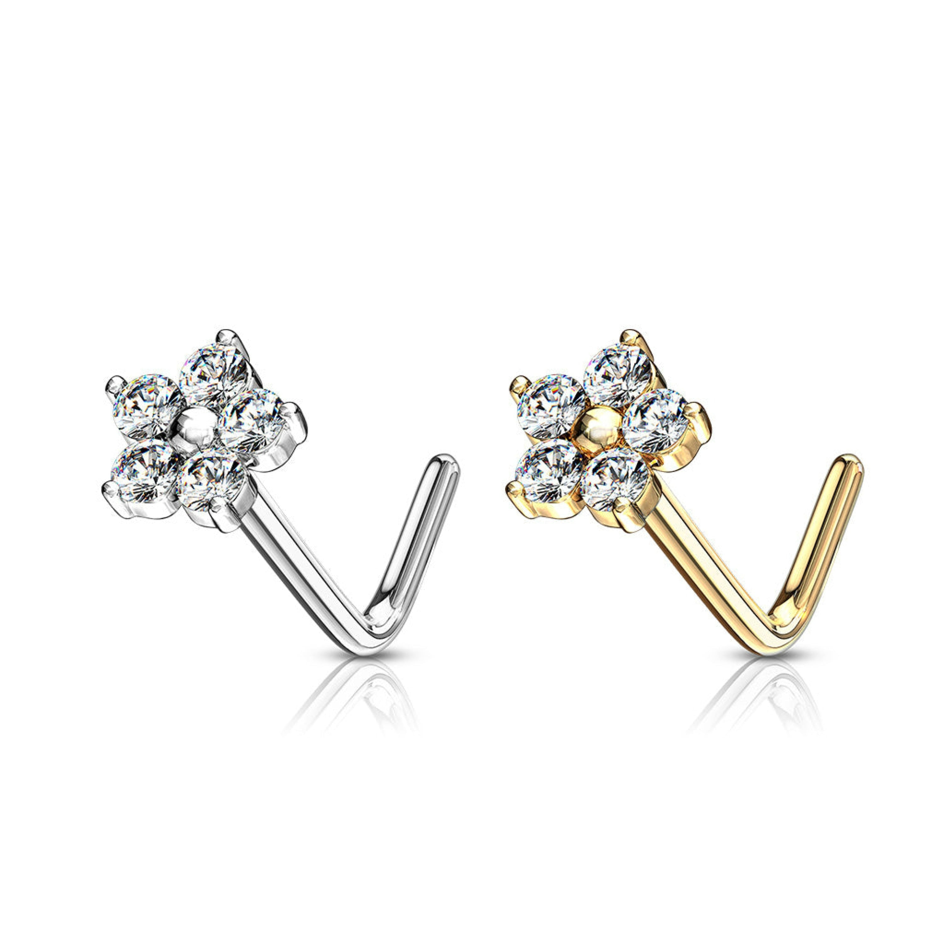 Cz Small Flower Cluster Nose Stud Ring With White Pink Or Blue - 14K Gold (Y W)