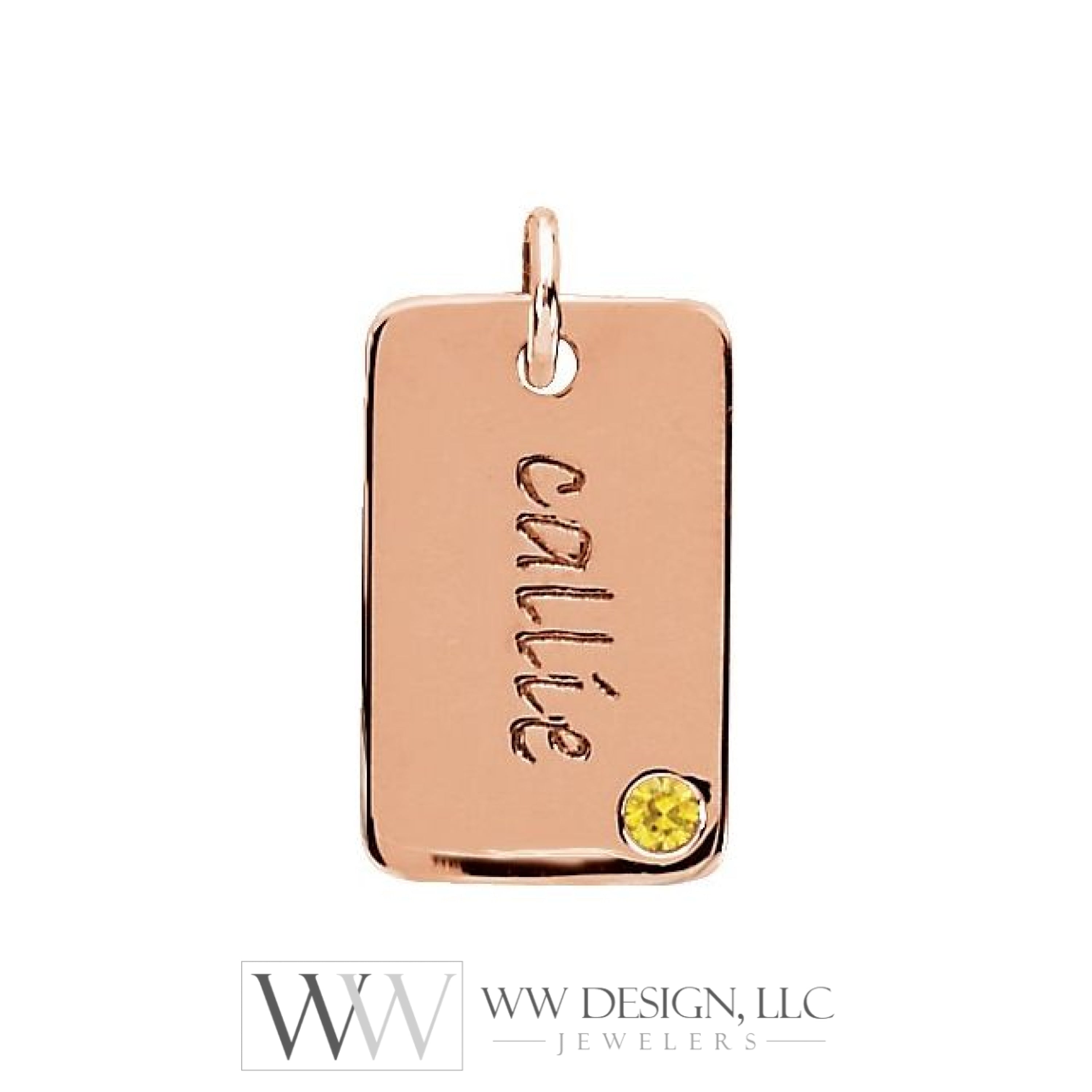 Engravable Mini Dog Tag Pendant 16x10mm Set with 2mm Emerald, Diamond, Sapphire (Blue, Yellow, White or Pink), or Ruby - 14k Gold (Y, W, R), Sterling Silver