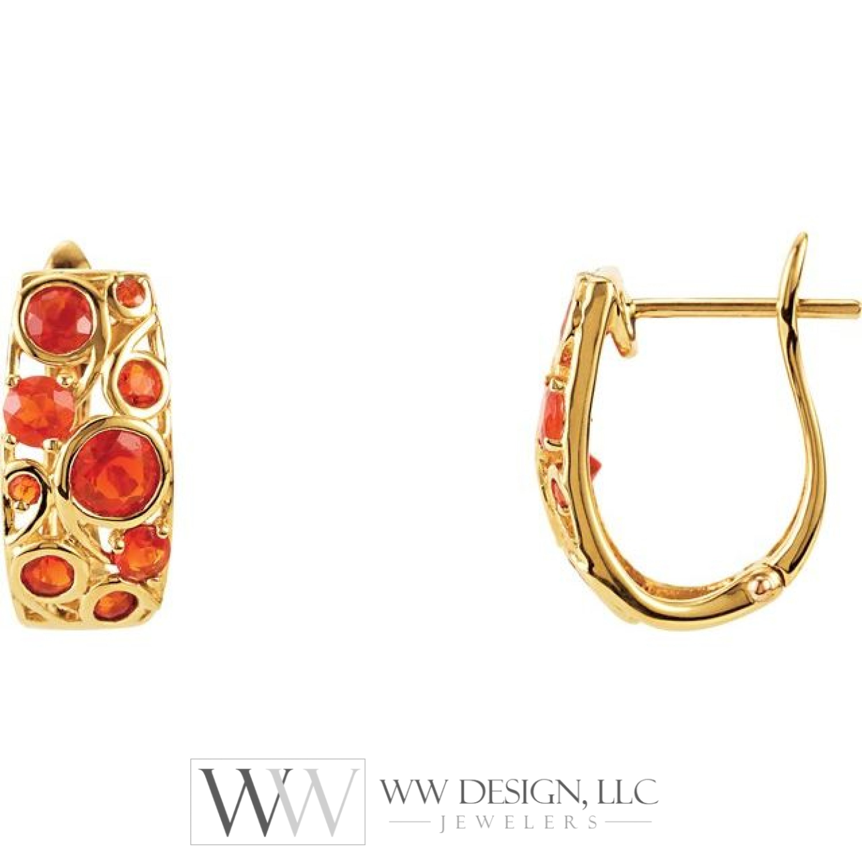 Natural Mexican Fire Opal Hoop Earrings- 14K Yellow Gold Earrings