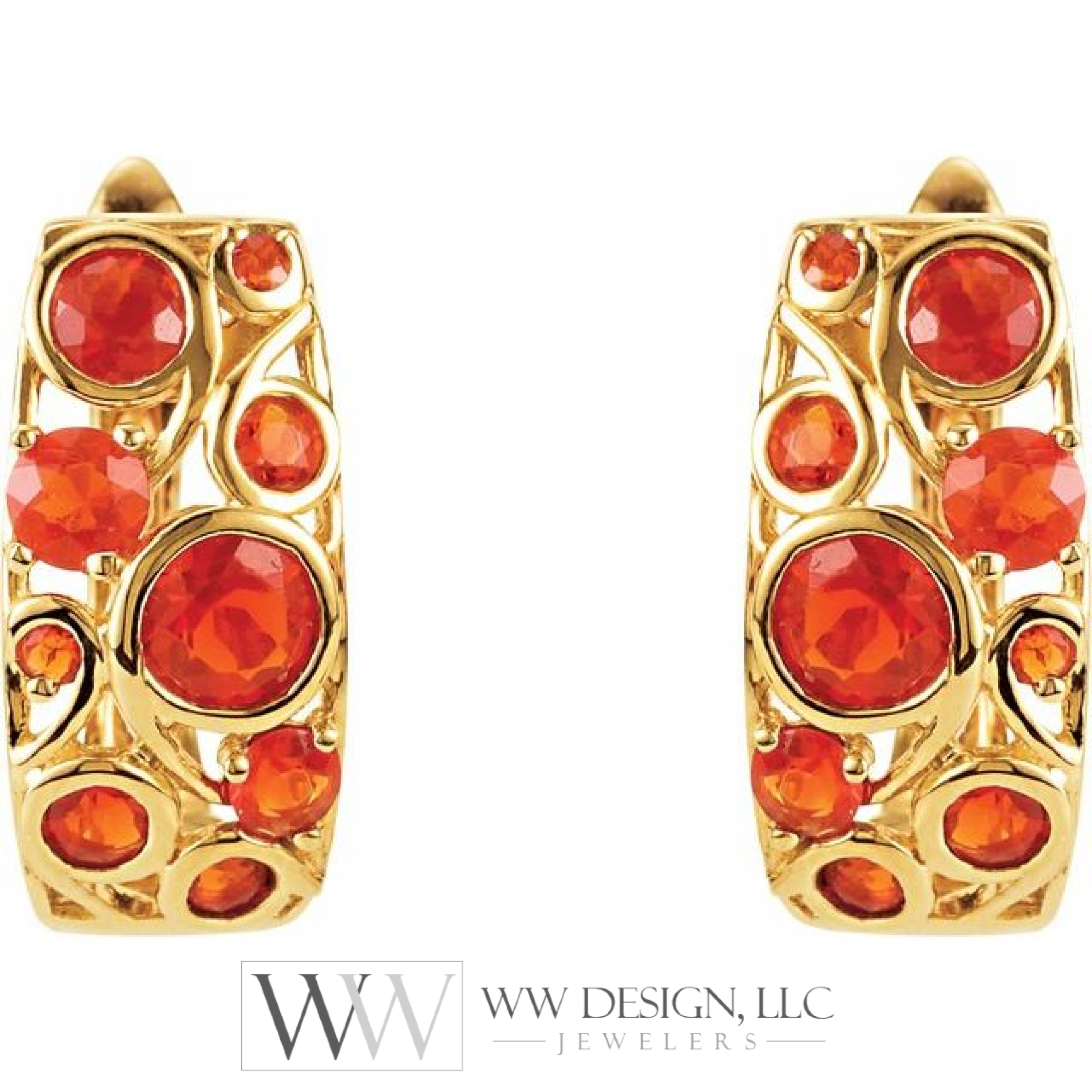 Natural Mexican Fire Opal Hoop Earrings- 14K Yellow Gold Earrings