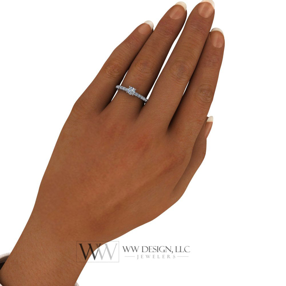 DIAMOND Engagement Ring Genuine F+ VS 0.25 ct (0.61 ctw) 4.1mm 14k Gold (Y, W, R) 18k Gold, Platinum Round w Pave Diamond Band Promise Ring