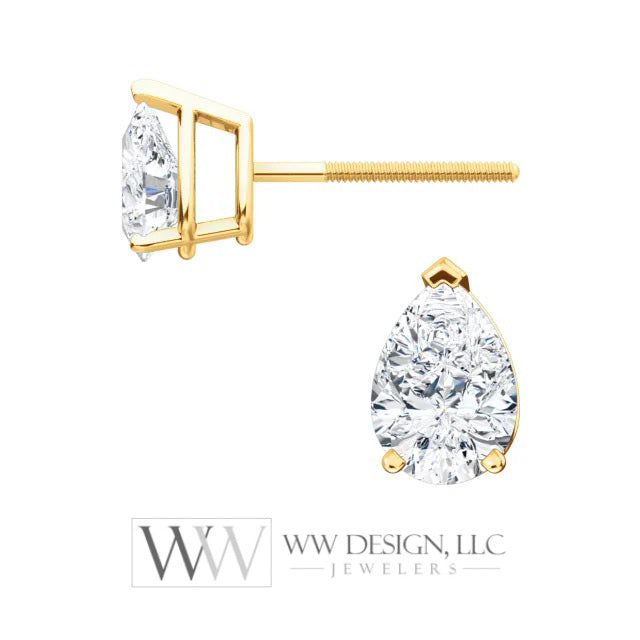 Genuine F+ VS DIAMOND Earring Studs Pear 6x4mm 0.66 tcw (each 0.33cts) Post w/ 14k Solid Gold (Yellow, Rose, White), Silver, Platinum Studs - WWDesignJewelers.com