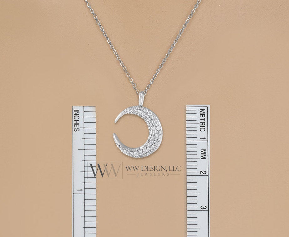 Diamond Crescent Moon Necklace Pendant 0.33ctw 14k SOLID Gold (Y, W, R), Platinum 15mm Pendant Jewelry Christmas Gift