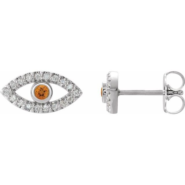 Evil Eye Citrine & White Sapphire Earrings - 14K Gold (Y, R or W), Platinum, or Sterling Silver