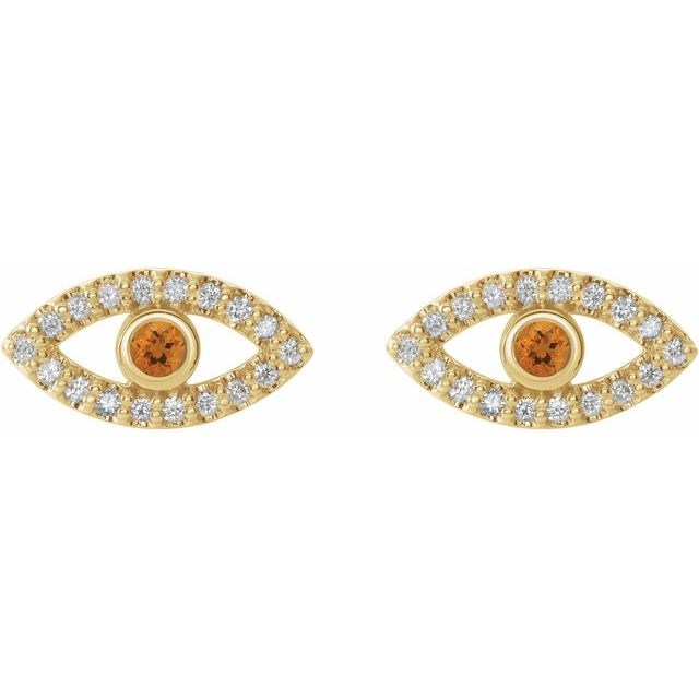 Evil Eye Citrine & White Sapphire Earrings - 14K Gold (Y, R or W), Platinum, or Sterling Silver