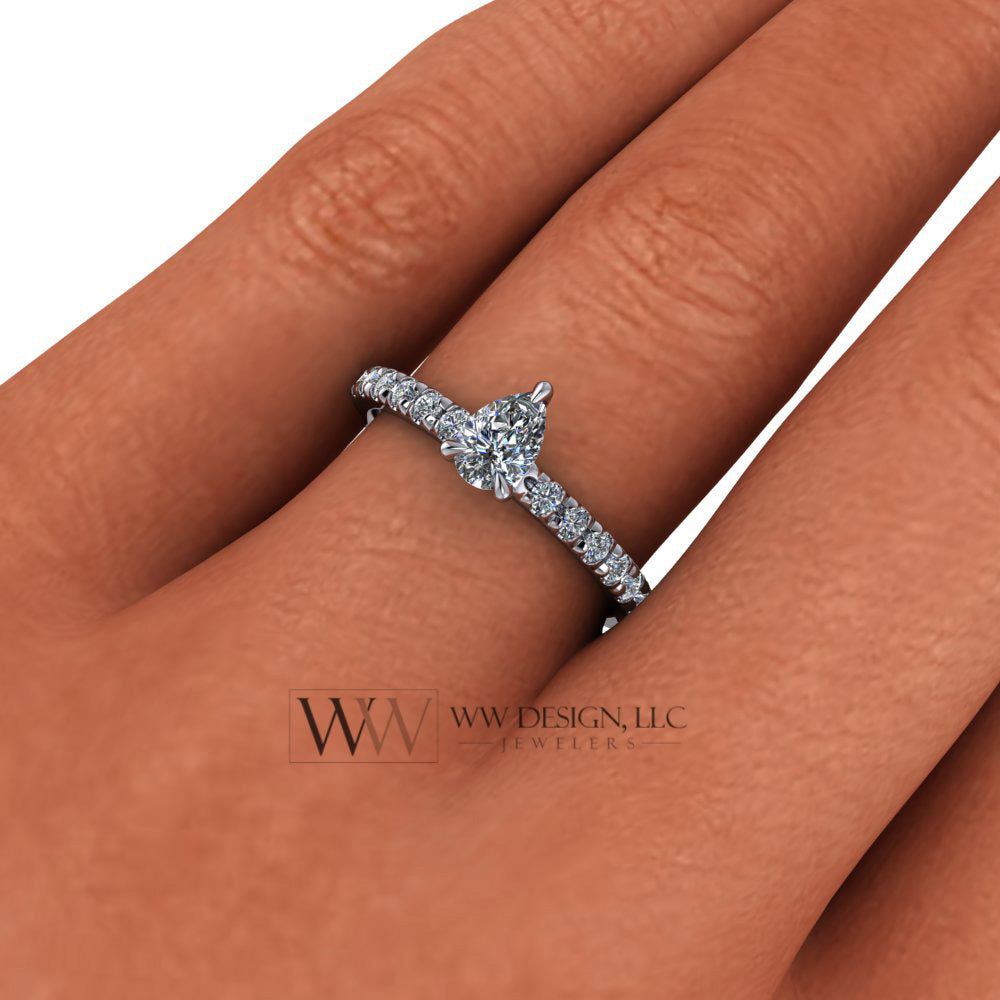 DIAMOND Engagement Ring Genuine Pear F-H VS 0.33 ct (0.69 ctw) 6x4mm 14k Gold (Y, W, R), 18k Gold, Platinum w Pave Diamond Band Promise Ring