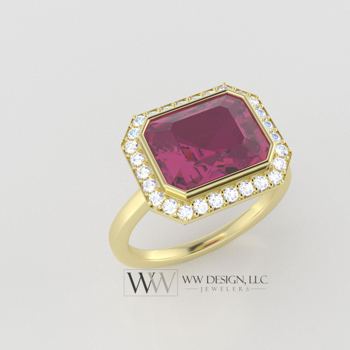 Genuine 4.25ct Pink Mystic Topaz East West Emerald Shaped Ring with 0.28ctw Diamond Halo - 14k 18k Gold (Y, R,W) Platinum