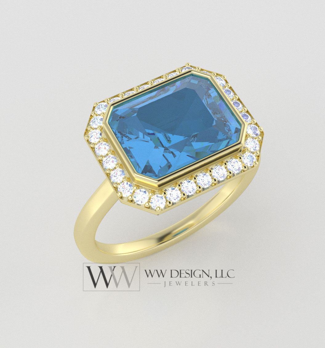 Genuine 4.25 Swiss Blue Topaz East West Emerald Shaped Ring with 0.28ctw Diamond Halo - 14k 18k Gold (Y, R,W) Platinum
