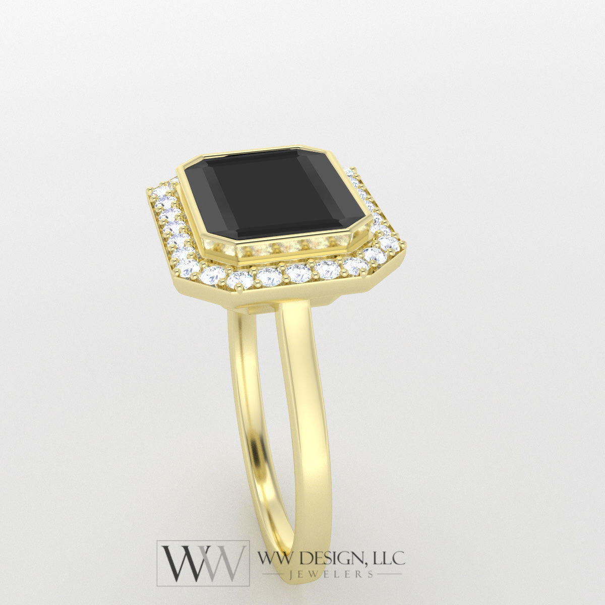 Genuine Onyx East West Emerald Shaped Ring with 0.28ctw Diamond Halo - 14k 18k Gold (Y, R,W) Platinum
