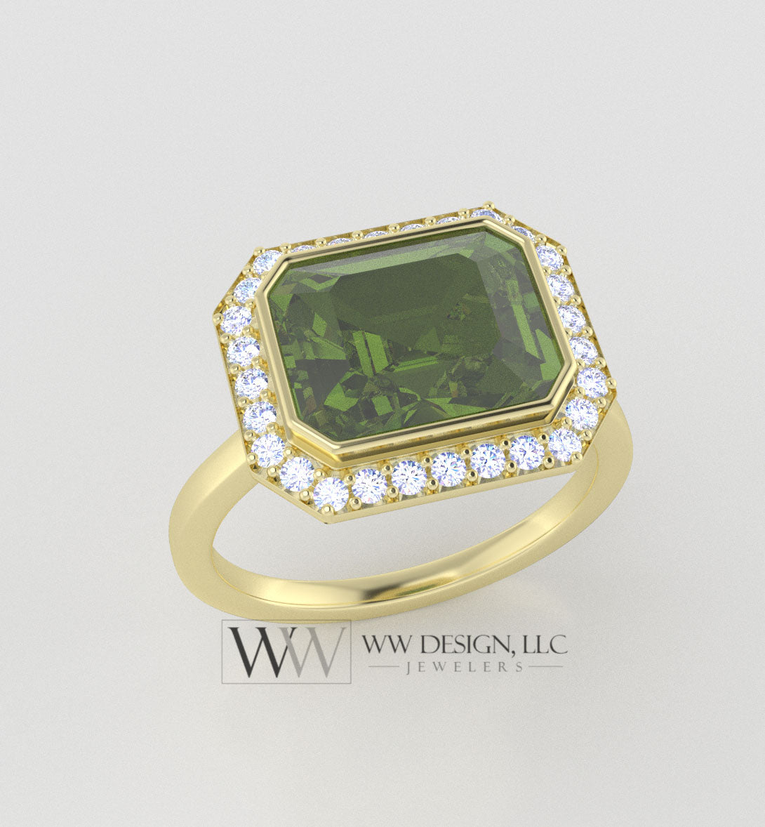 Genuine 3.65ct Peridot East West Emerald Shaped Ring with 0.28ctw Diamond Halo - 14k 18k Gold (Y, R,W) Platinum - ww design llc