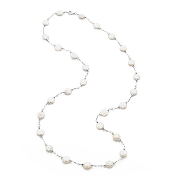 12-13mm Freshwater Cultured White Coin Pearl Station 38" Necklace - Sterling Silver