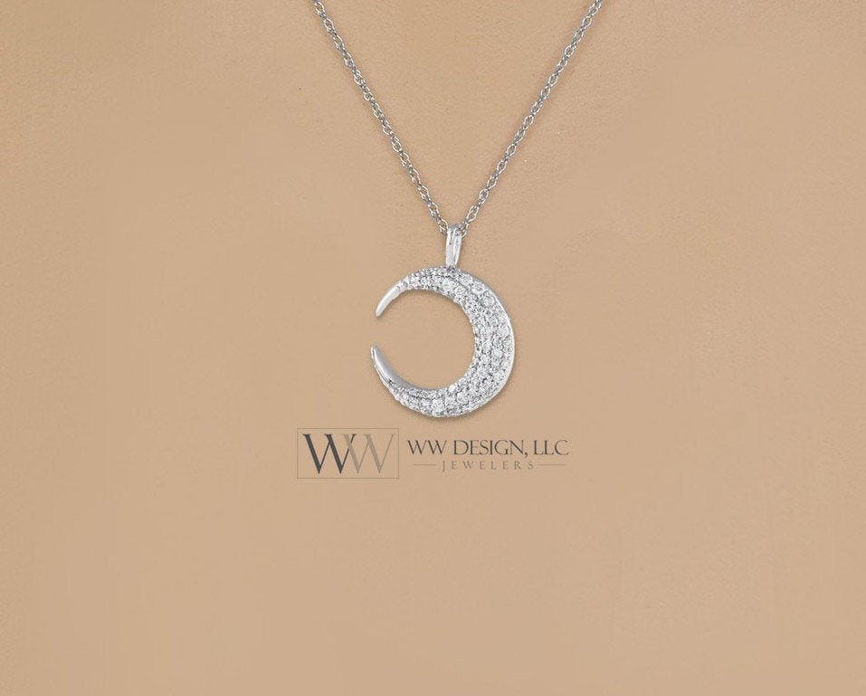 Diamond Crescent Moon Necklace Pendant 0.33ctw 14k SOLID Gold (Y, W, R), Platinum 15mm Pendant Jewelry Christmas Gift