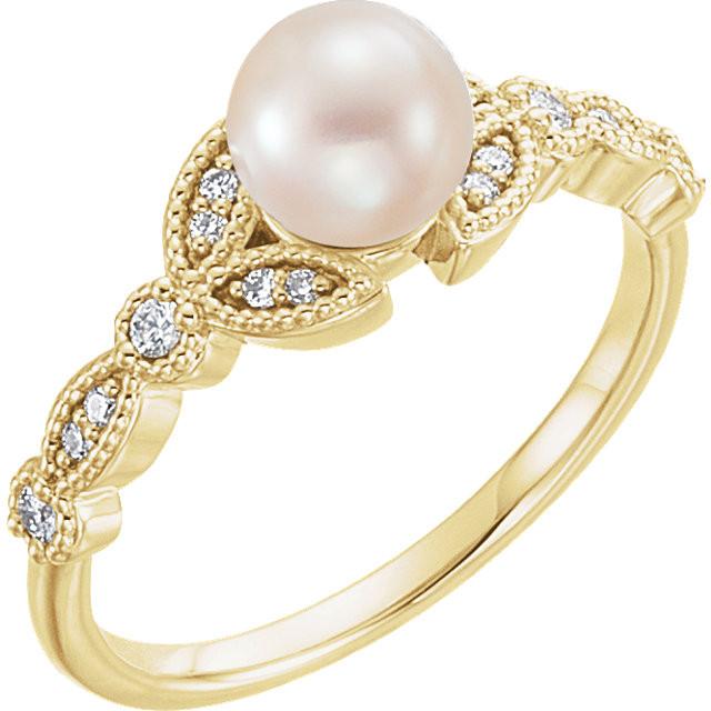 14K Yellow Freshwater Pearl & 1/8 CTW Diamond Leaf Ring - 14k Gold (Y, W or R), Platinum, Sterling Silver