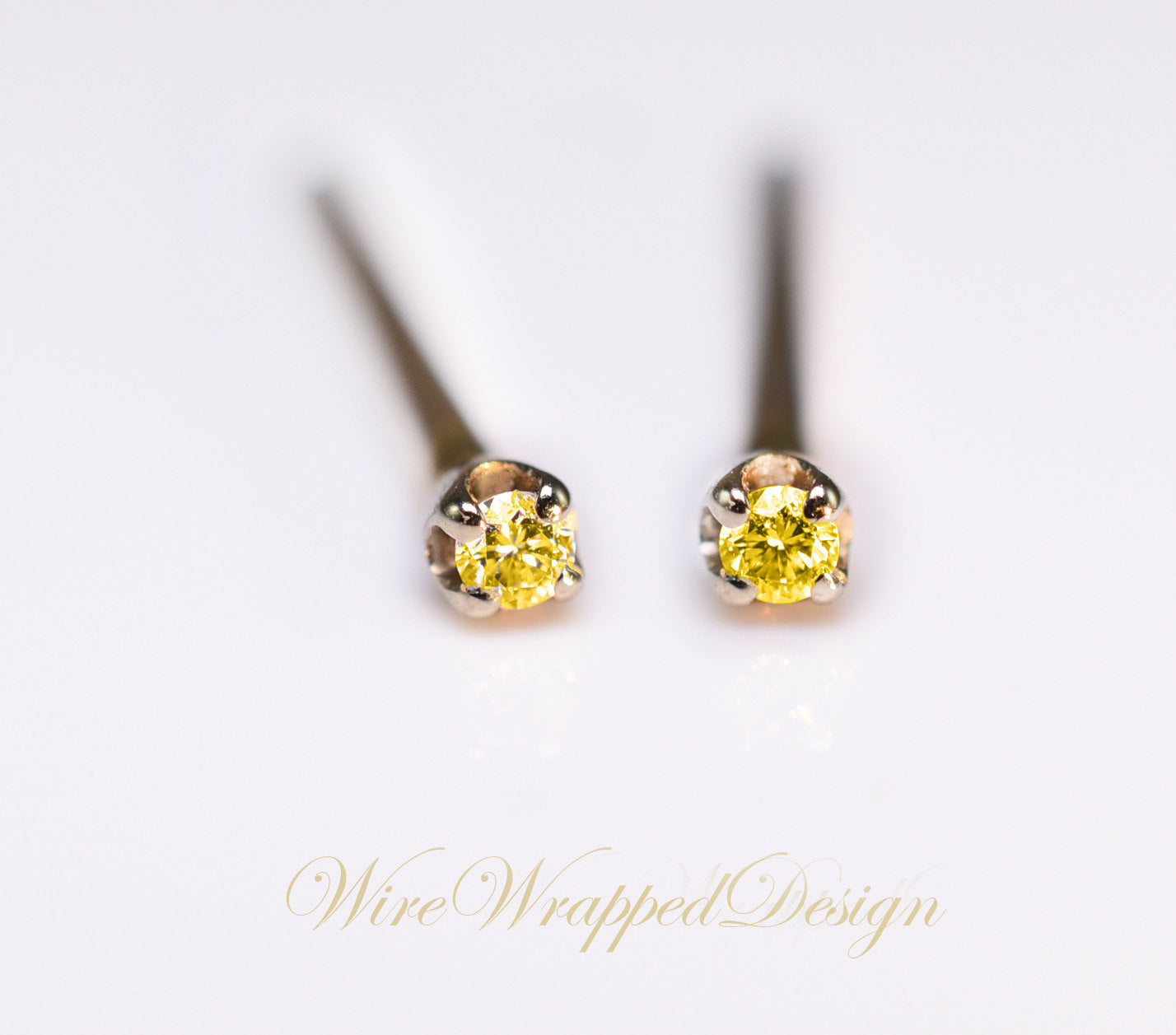 Genuine Canary Yellow DIAMOND Earring Studs 1.3mm 0.02tcw Post 14k Solid Gold (Yellow, Rose or White), Platinum, Silver Lobe Cartilage Helix