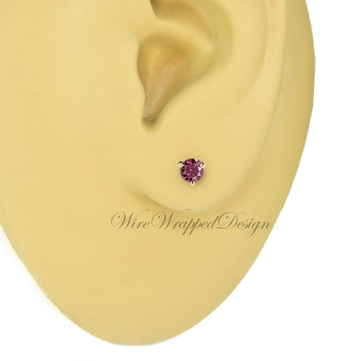 PAIR Genuine PINK DIAMOND Earring Studs 3mm 0.2tcw Martini 14k Solid Gold (Yellow, Rose or White), Platinum, Silver Cartilage Helix Tragus