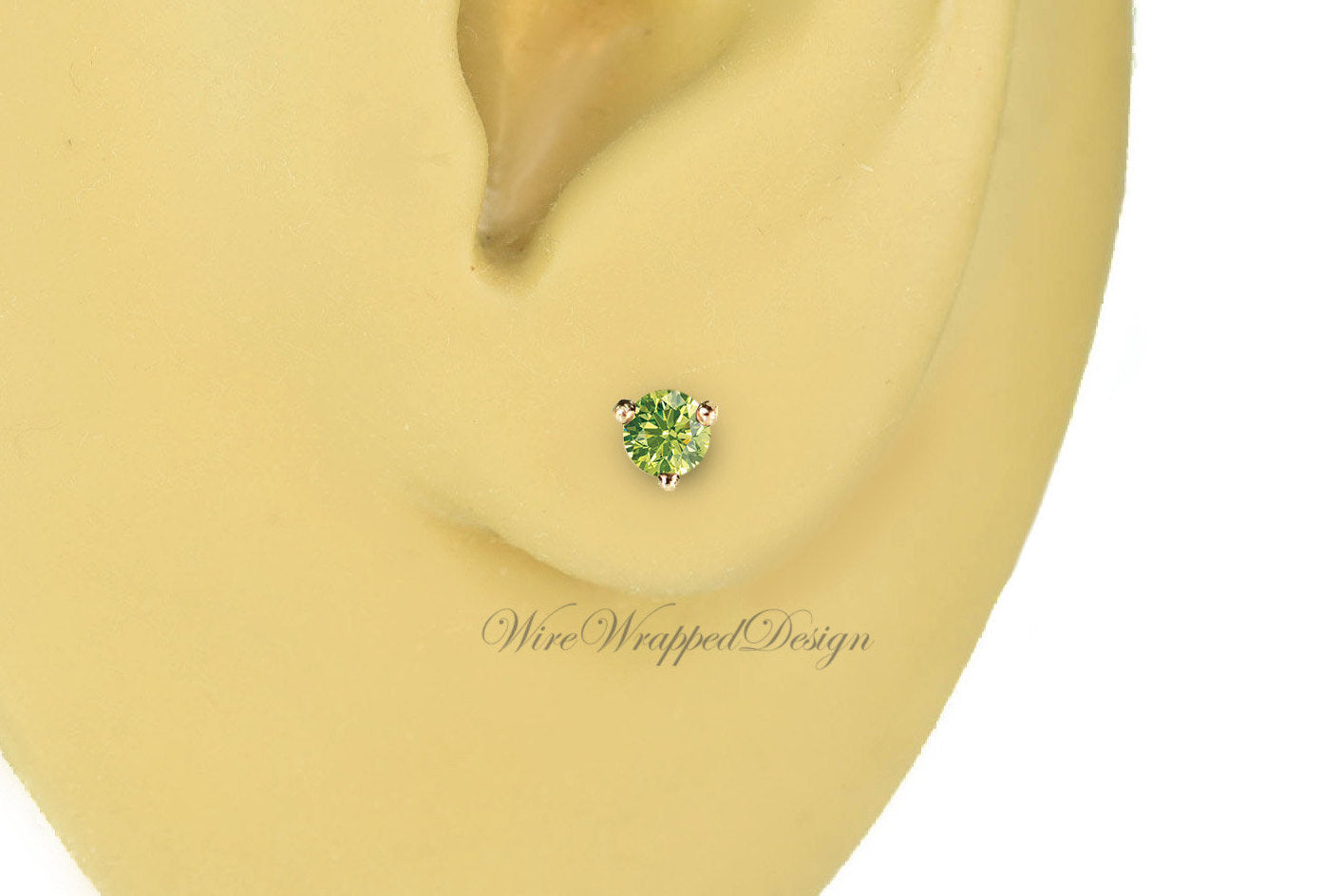 PAIR Genuine GREEN DIAMOND Earrings Studs 3mm 0.2tcw Martini 14k Solid Gold (Yellow, Rose or White), Platinum, Silver Cartilage Helix Tragus