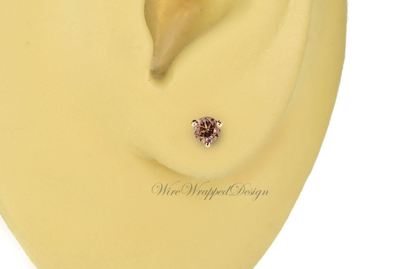 PAIR Genuine COGNAC DIAMOND Earrings Studs 3mm 0.2tcw Martini 14k Solid Gold (Yellow, Rose, White) Platinum Silver Cartilage Tragus Brown