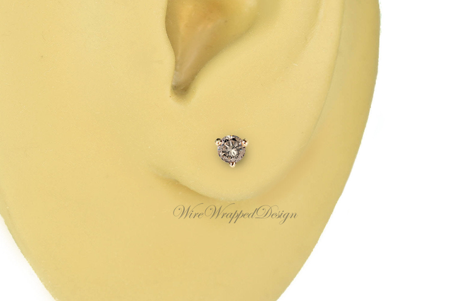 PAIR Genuine CHAMPAGNE DIAMOND Earrings Studs 3mm 0.2tcw Martini 14k Solid Gold (Yellow, Rose, White) Platinum Silver Cartilage Tragus Brown