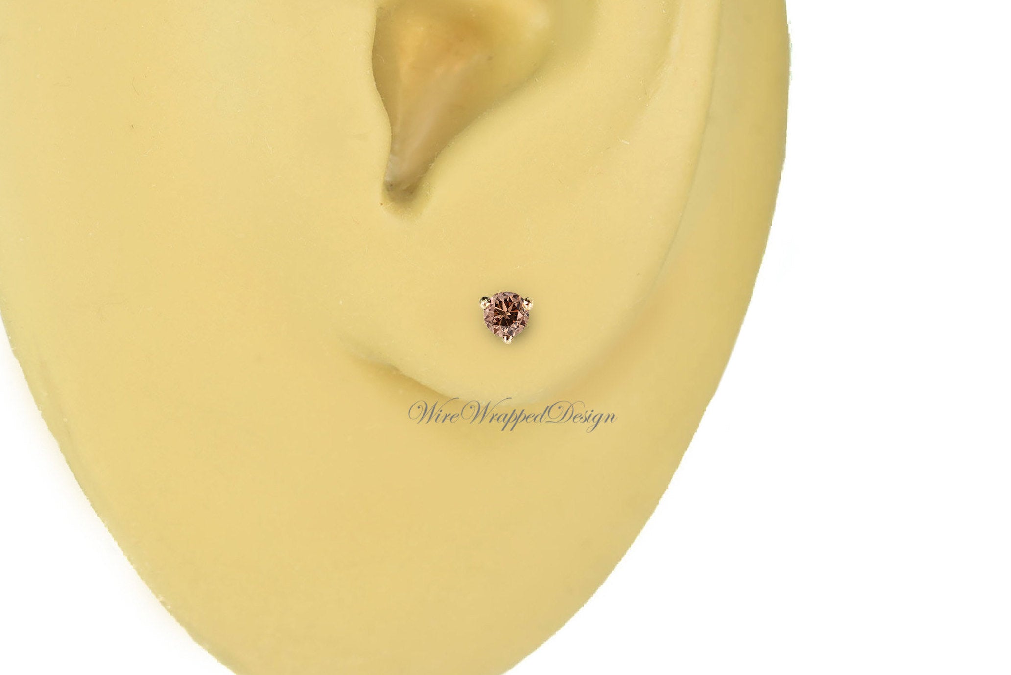 PAIR Genuine COGNAC DIAMOND Earrings Studs 2.5mm 0.12tcw Martini 14k Solid Gold (Yellow, Rose, White) Platinum Silver Cartilage Tragus Brown