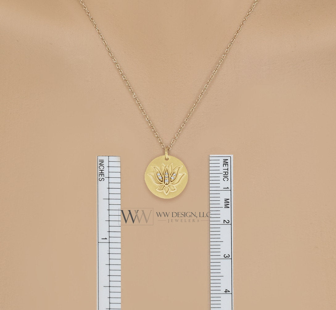 Diamond Lotus Necklace - 14k SOLID Gold (Y, W, R), Platinum, Sterling Silver 13mmX13mm Tag Pendant Jewelry Christmas Gift Birthday Buddhist