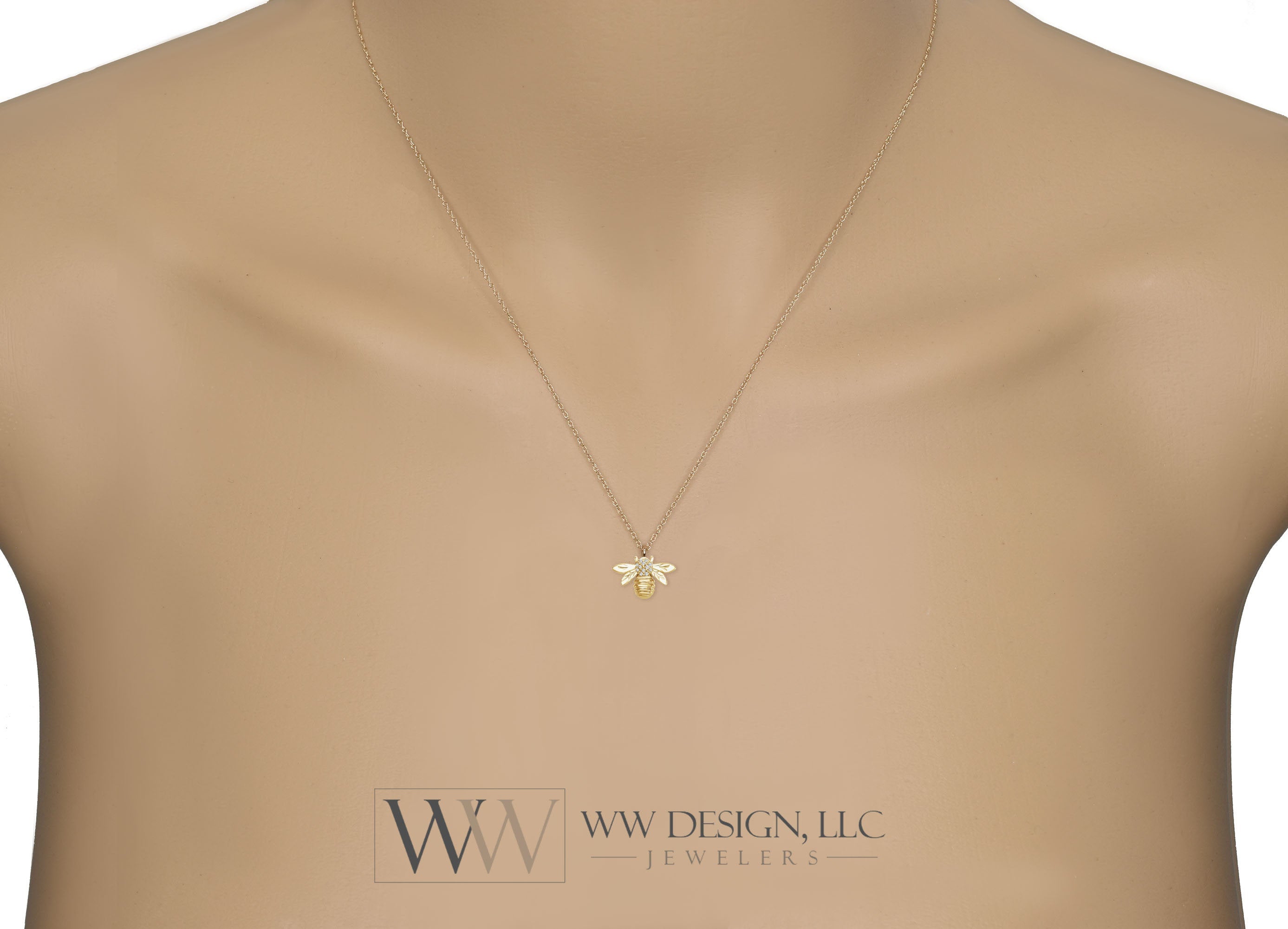 Bumble Bee Diamond 0.03 ctw Pendant Necklace 14k Solid Gold, 14k Rose Gold, 14k White Gold Christmas 12.2mm x 8.4mm Honey Bee Diamond charm
