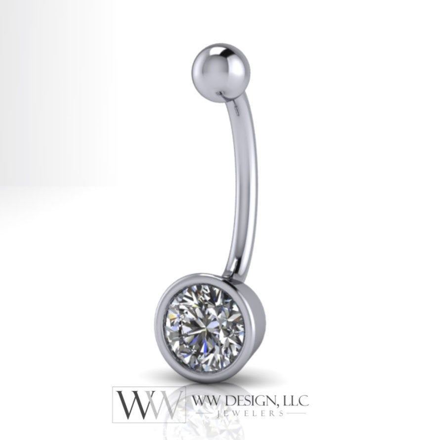Moissanite Genuine 6mm Belly Navel Ring Curved Barbell 14k Yellow Gold, 14k White Gold or Platinum 14 ga 16 ga Gift