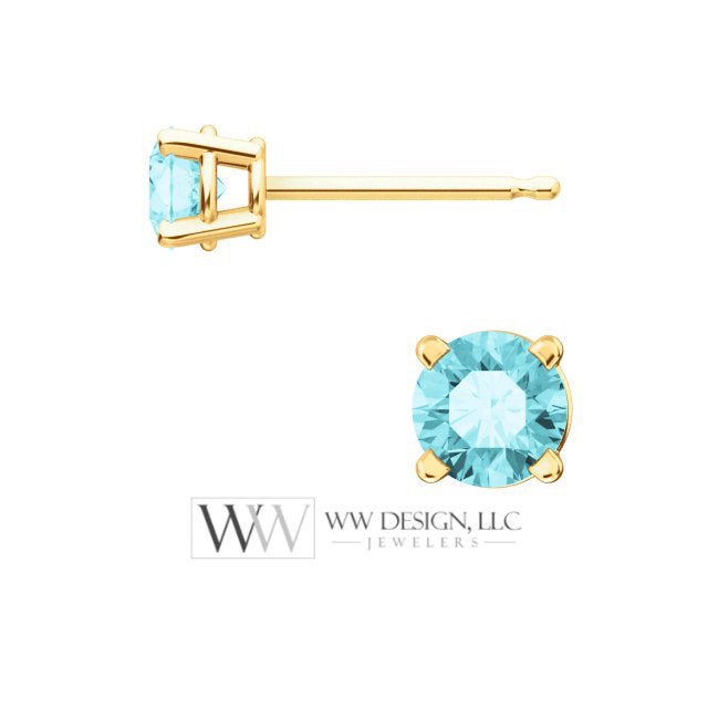 Blue Zircon Earring Studs 4mm 0.8 ctw (each 0.4cts) Post w/ 14k Solid Gold (Yellow, Rose, White)Silver, Platinum Studs December Birthstone